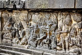 Prambanan - Ramayana reliefs of Shiva Temple. Laksmana wants to bring a drink to thirsty Rama (left); Laksmana collecting water - actually Surgriva's tears (centre); Rama and Laksmana meet Sugriva (right). 